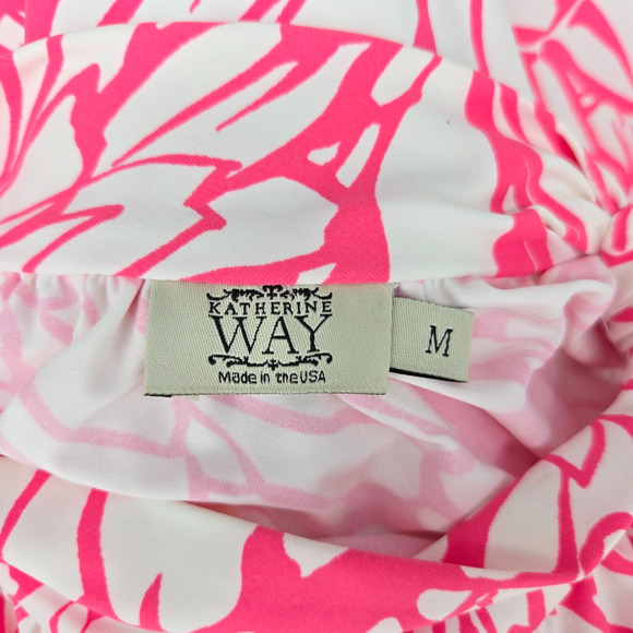 Katherine Way Dress Womens Medium Pink White Floral Stretch Knit Bow at Neck - Picture 3 of 11